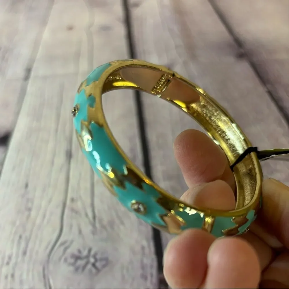 NWT Sequin for Nordstrom Turquoise Gold Color Enamel Hinged Bangle Bracelet